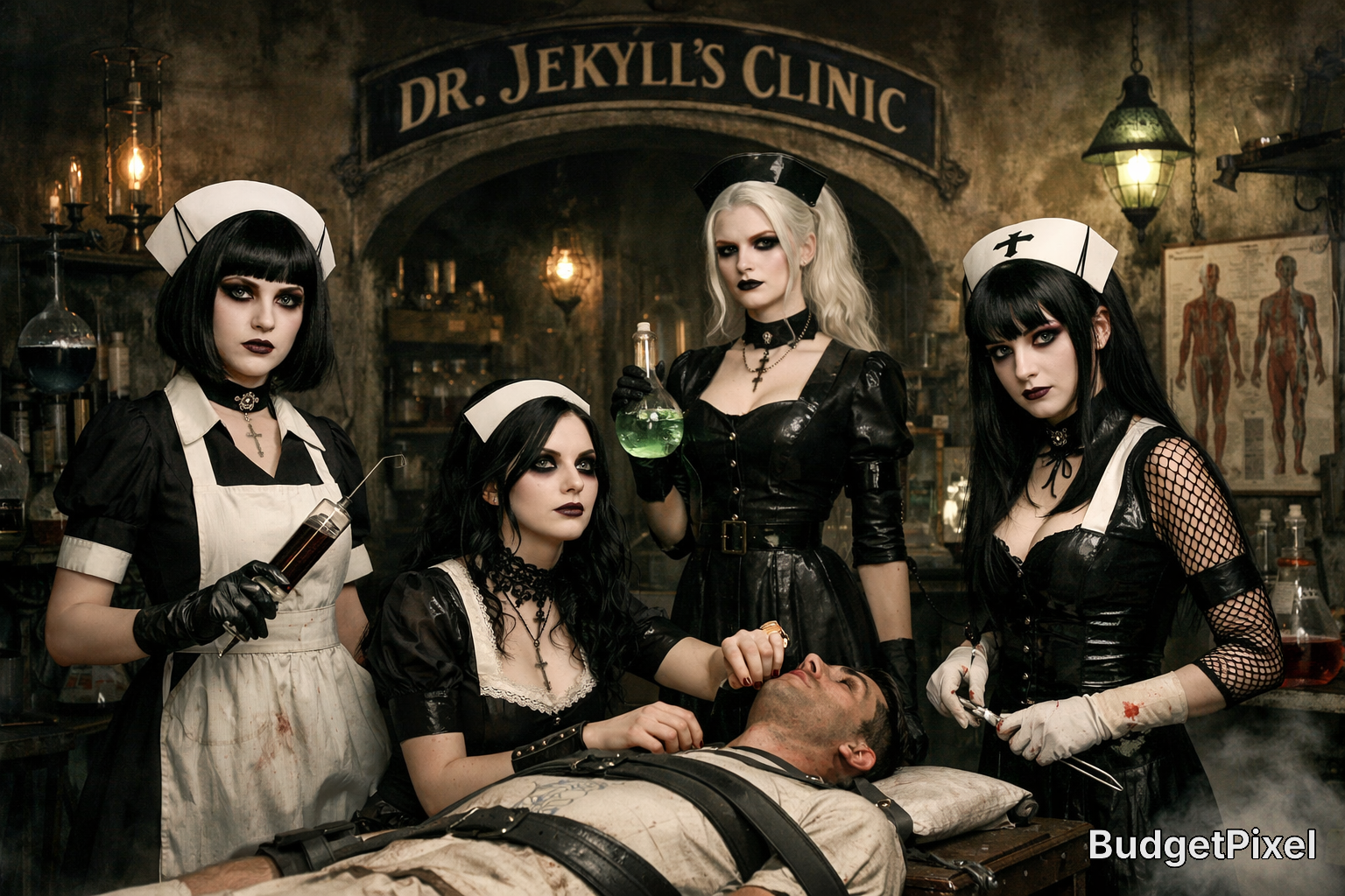 Gothic nurses in black and white costumes surround a patient on an exam table in a dim vintage clinic labeled Dr. Jekyll's...