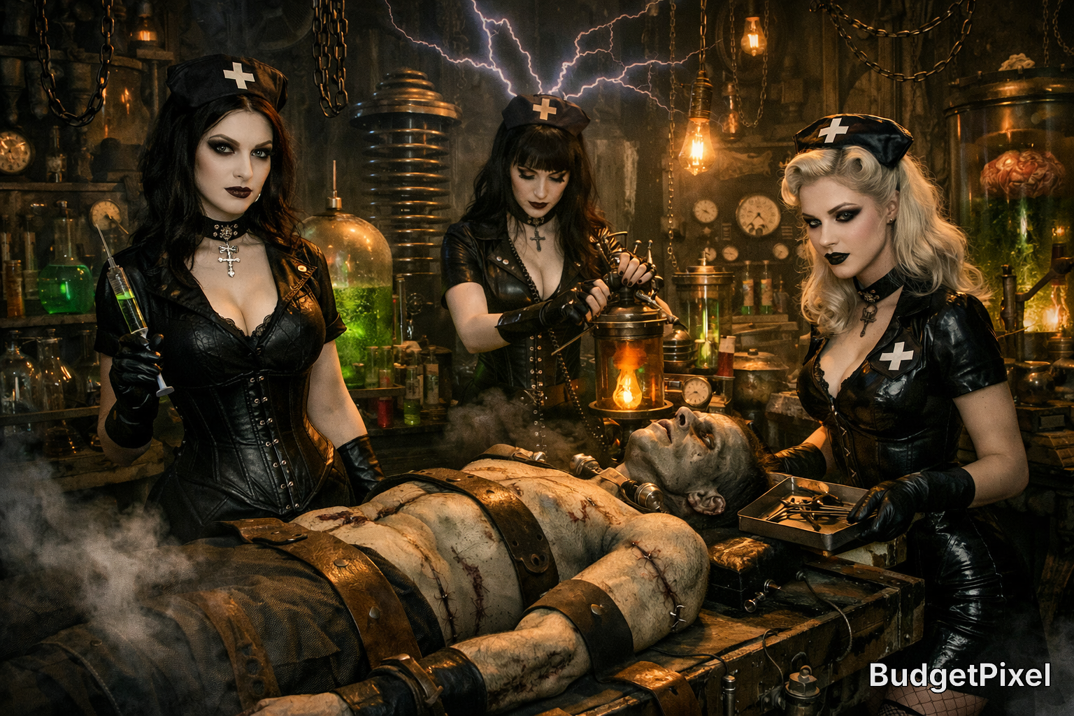 Three gothic nurse figures in black leather inspect a bound, unconscious man in a dark steampunk lab.