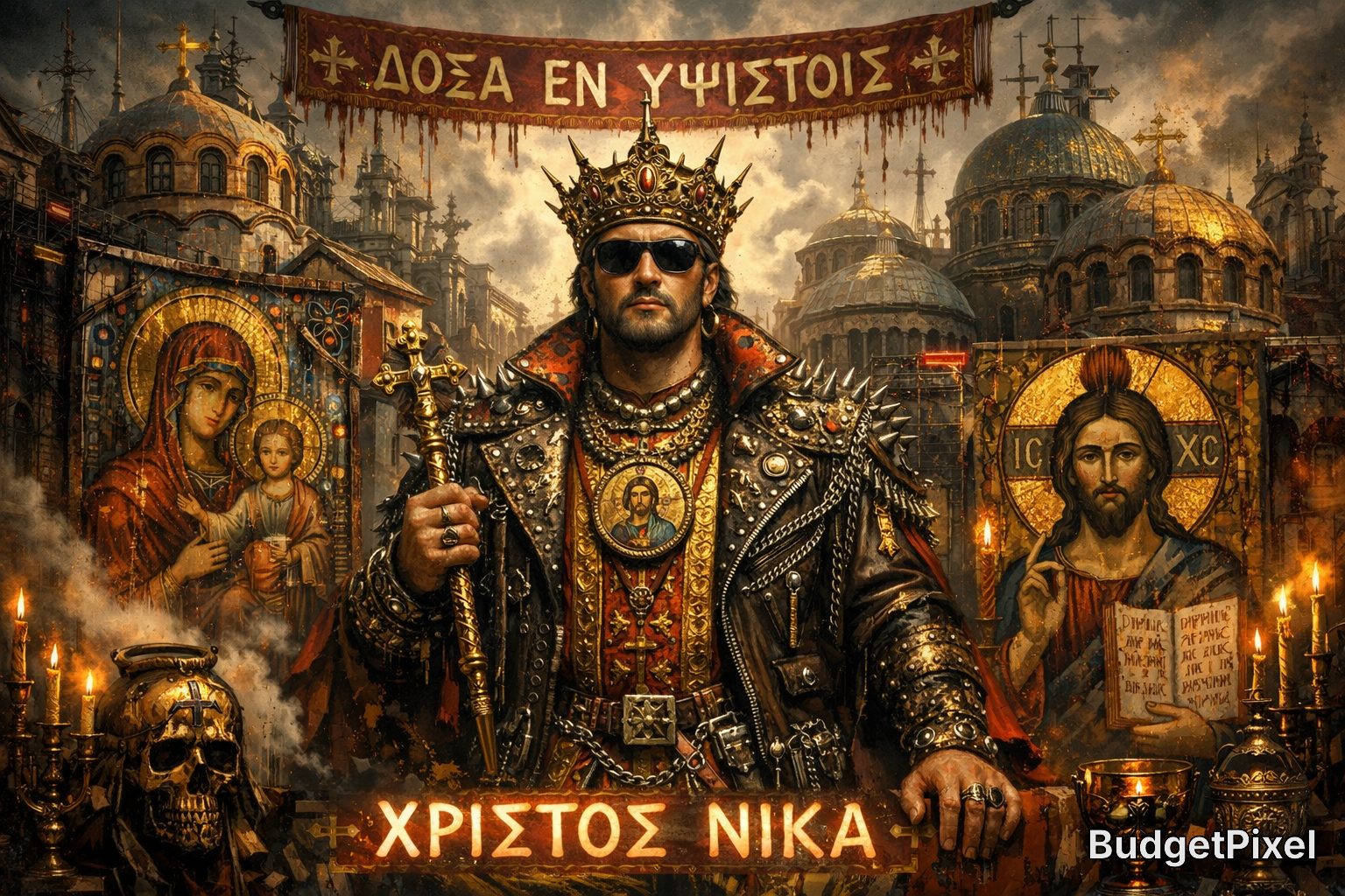 Crowned armored king with Orthodox icons and Greek banners in a Byzantine-inspired fantasy scene
