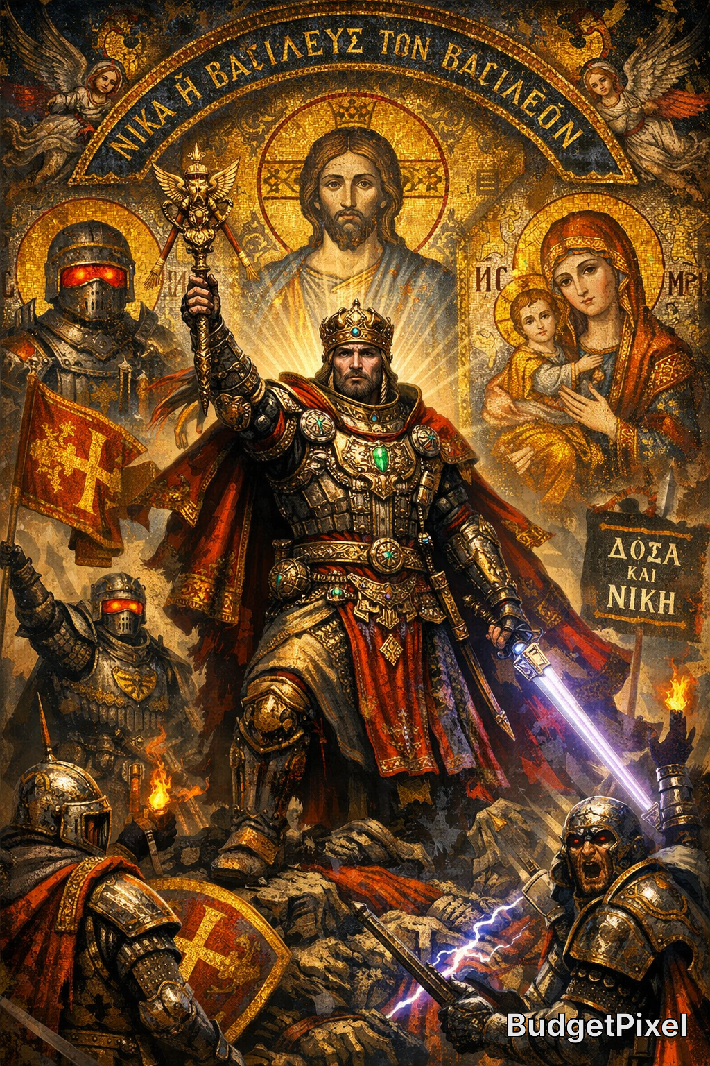 King in ornate armor raises sword amid knights in battle with Byzantine mosaic background