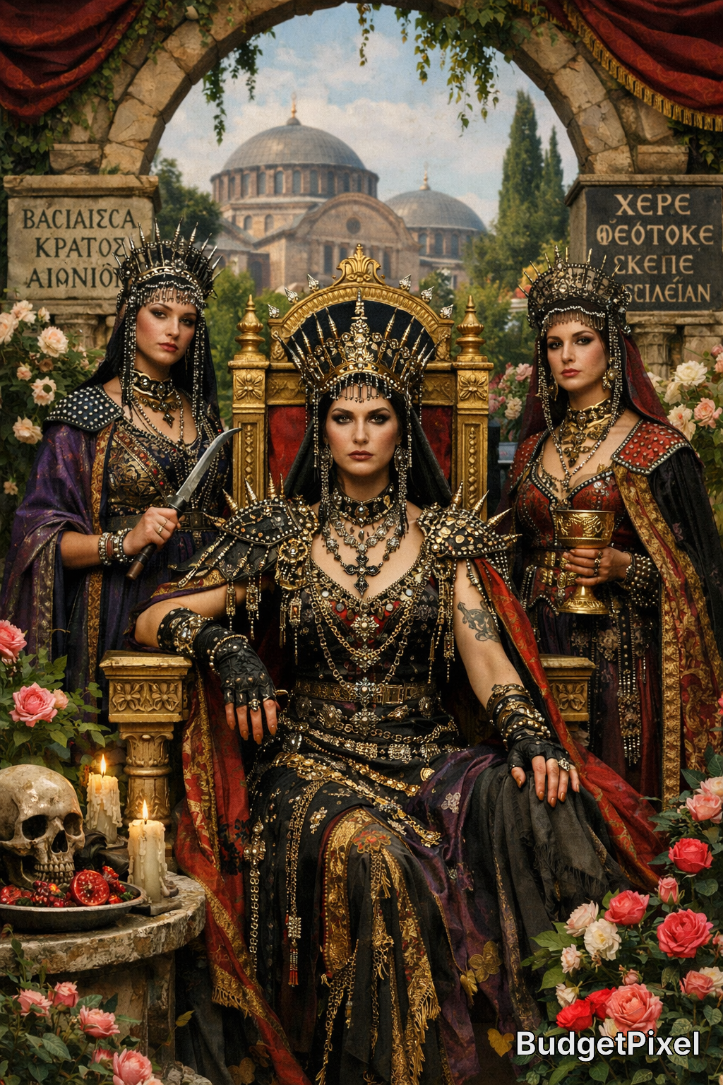 Three regal women in ornate medieval armor and crowns sit on a gilded throne under an archway.