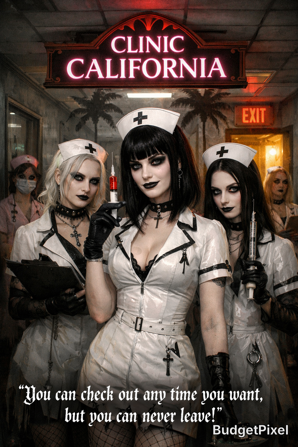 Gothic nurses in white outfits with syringes stand under a neon "Clinic California" sign.