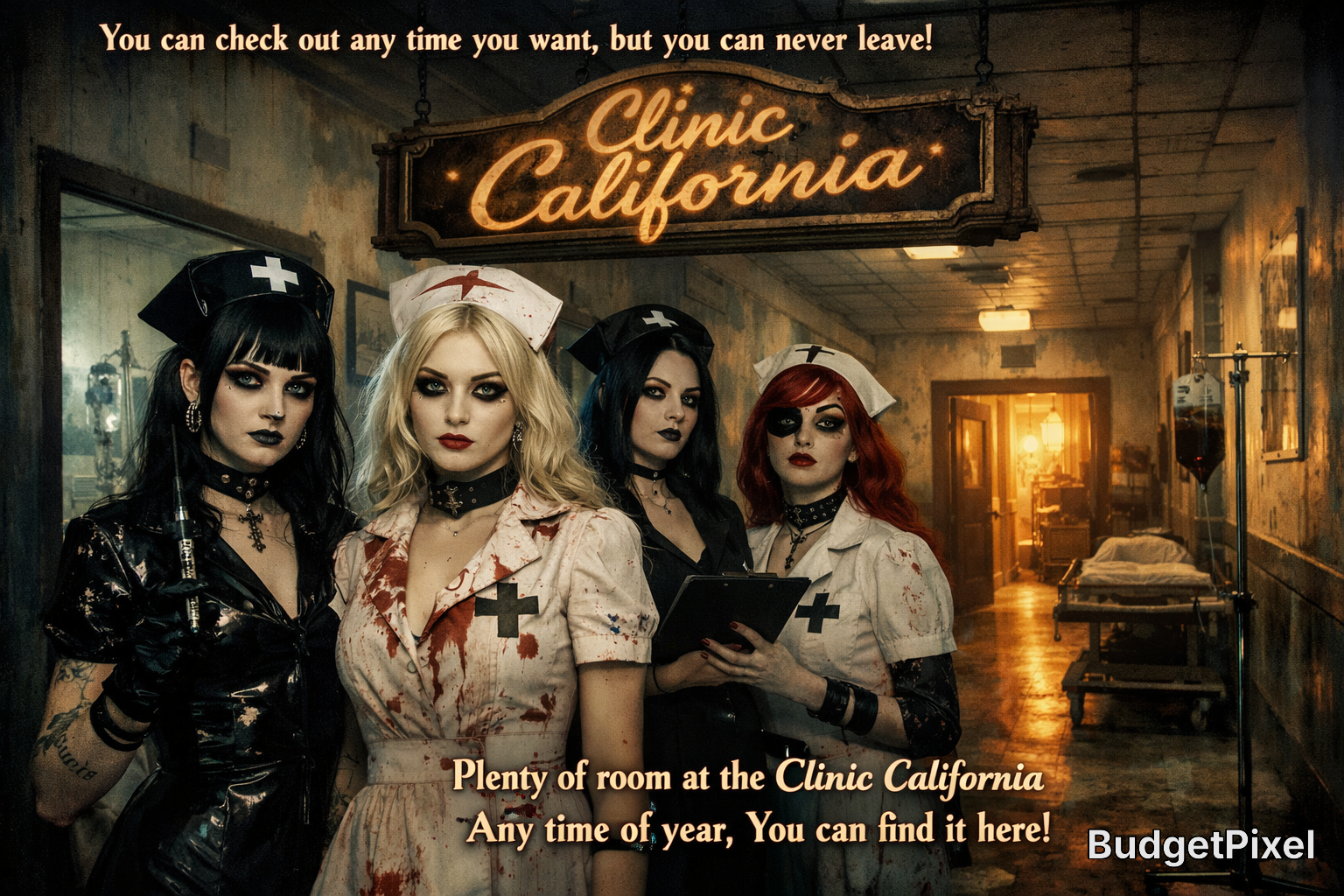 Gothic horror scene with four nurses in bloodstained uniforms in a dim hospital hallway under a 'Clinic California' sign.