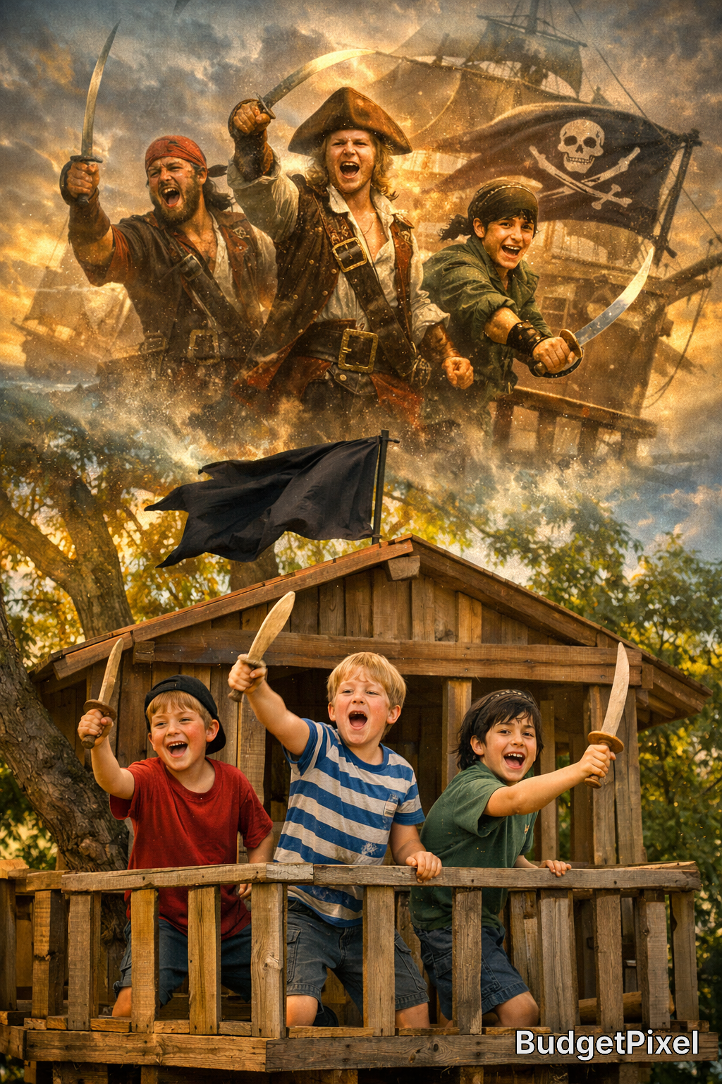 Group of kids in pirate costumes brandishing toy swords on a wooden treehouse with a dramatic pirate ship in the background.