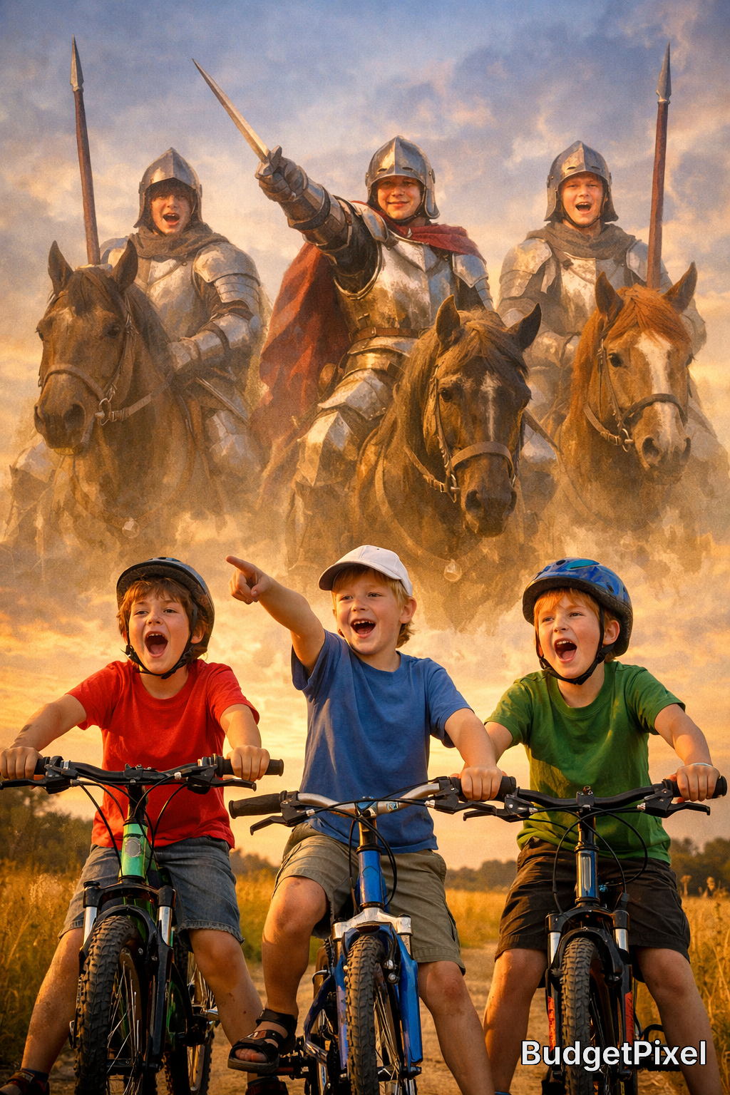 Three armored knights on horseback charging behind three kids riding bikes at sunset.