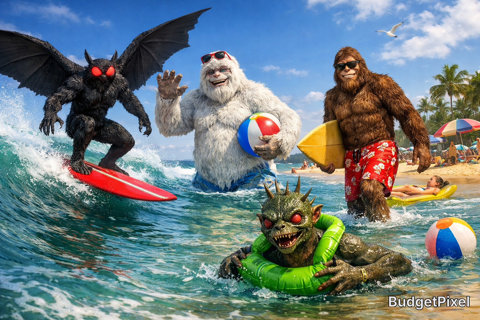Costumed monsters surfing and playing in the beach water under a blue sky