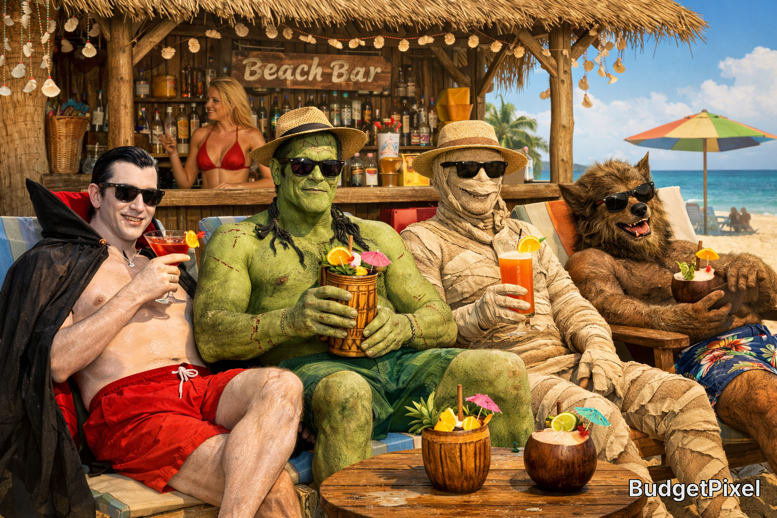 People in costumes (vampire, Hulk, mummy, and Sasquatch) posing with tropical drinks at a beach bar.