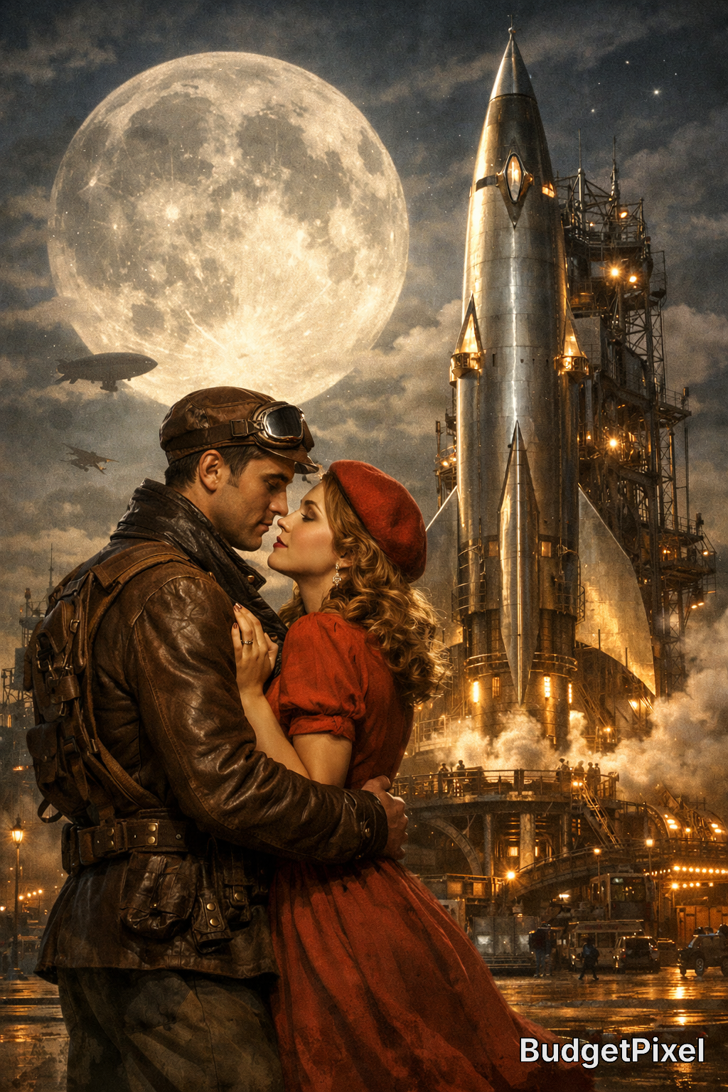 Romantic couple in vintage 1940s attire embracing in front of a towering rocket under a full moon.