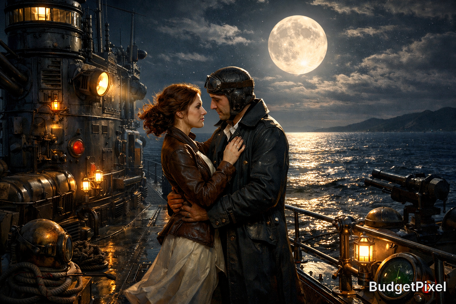 Couple embracing on a vintage steampunk ship at night under a full moon.
