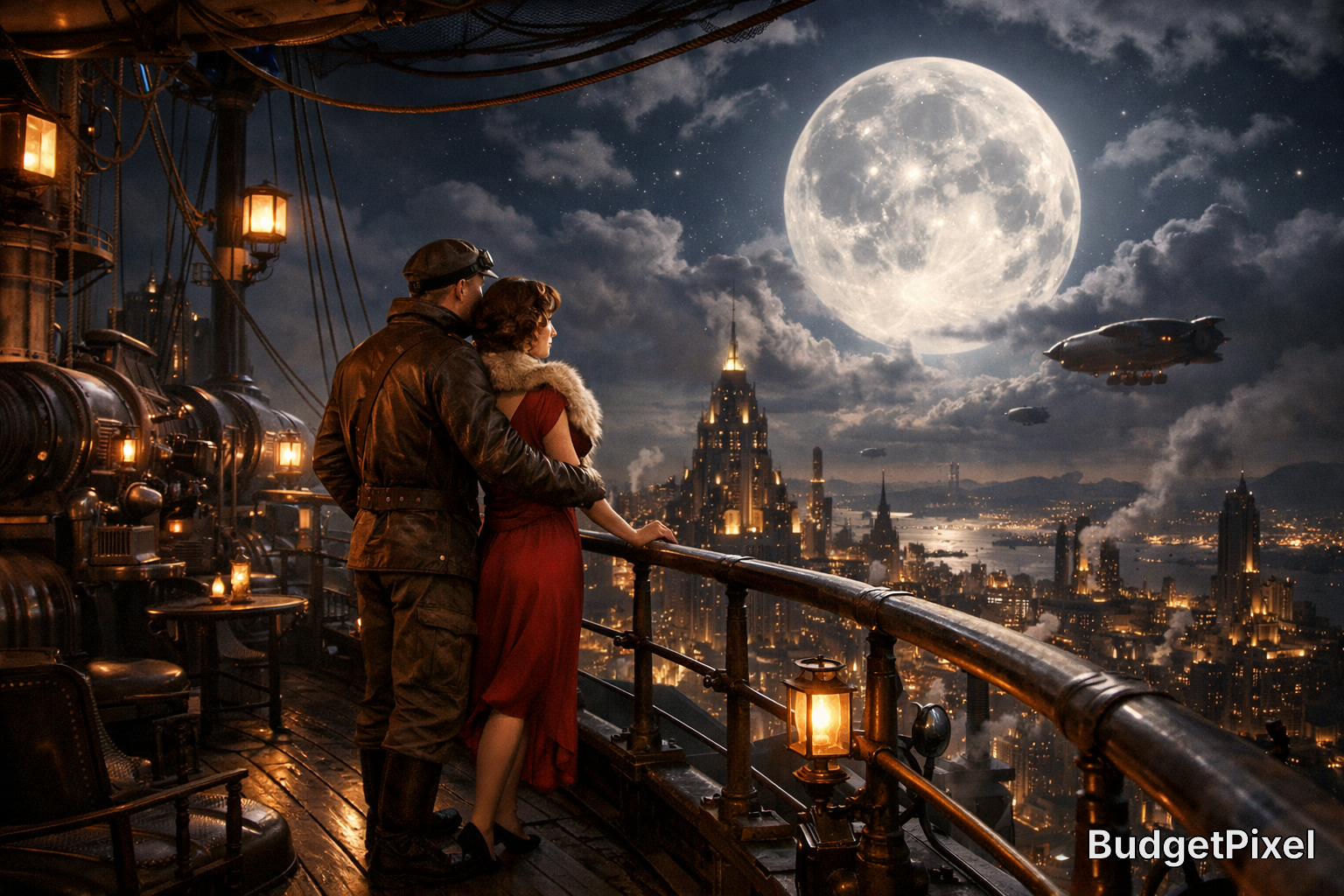 Couple on a steampunk rooftop overlooking a neon-lit city under a giant moon.