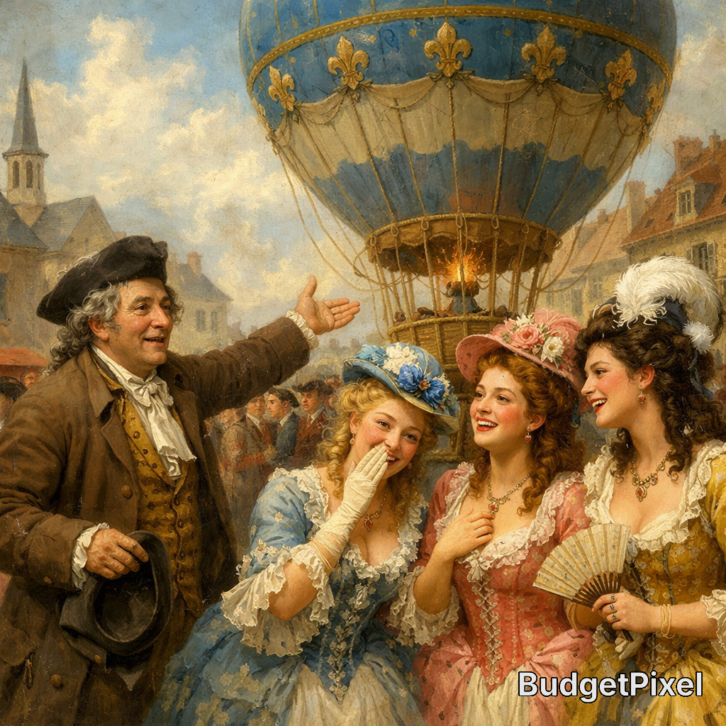 Three women in period dresses admire a man and a blue hot air balloon in a lively 19th-century street scene.