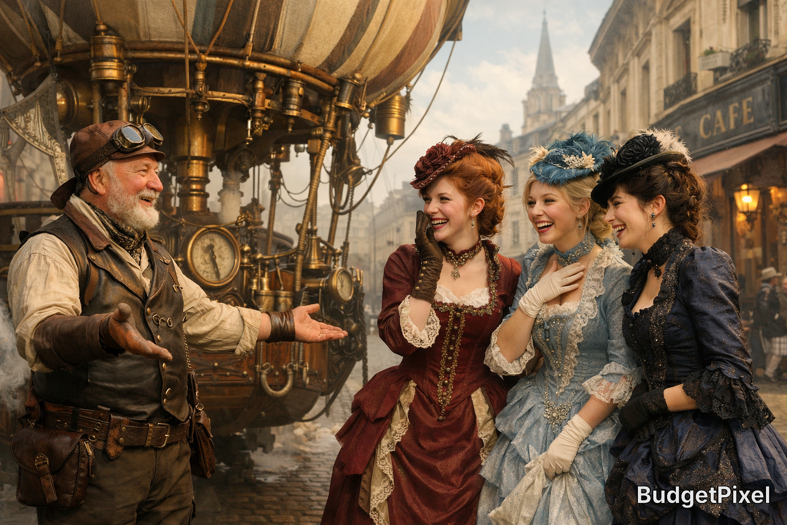 Bearded man in leather and three Victorian-dressed women laugh beside a brass steampunk machine.