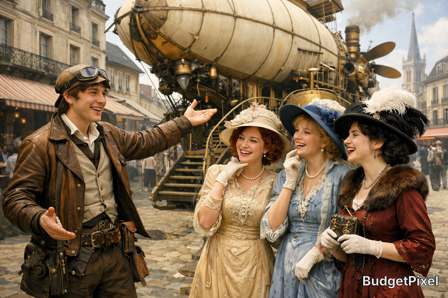 Vintage steampunk scene with a pilot man and three women in ornate dresses near a brass airship.