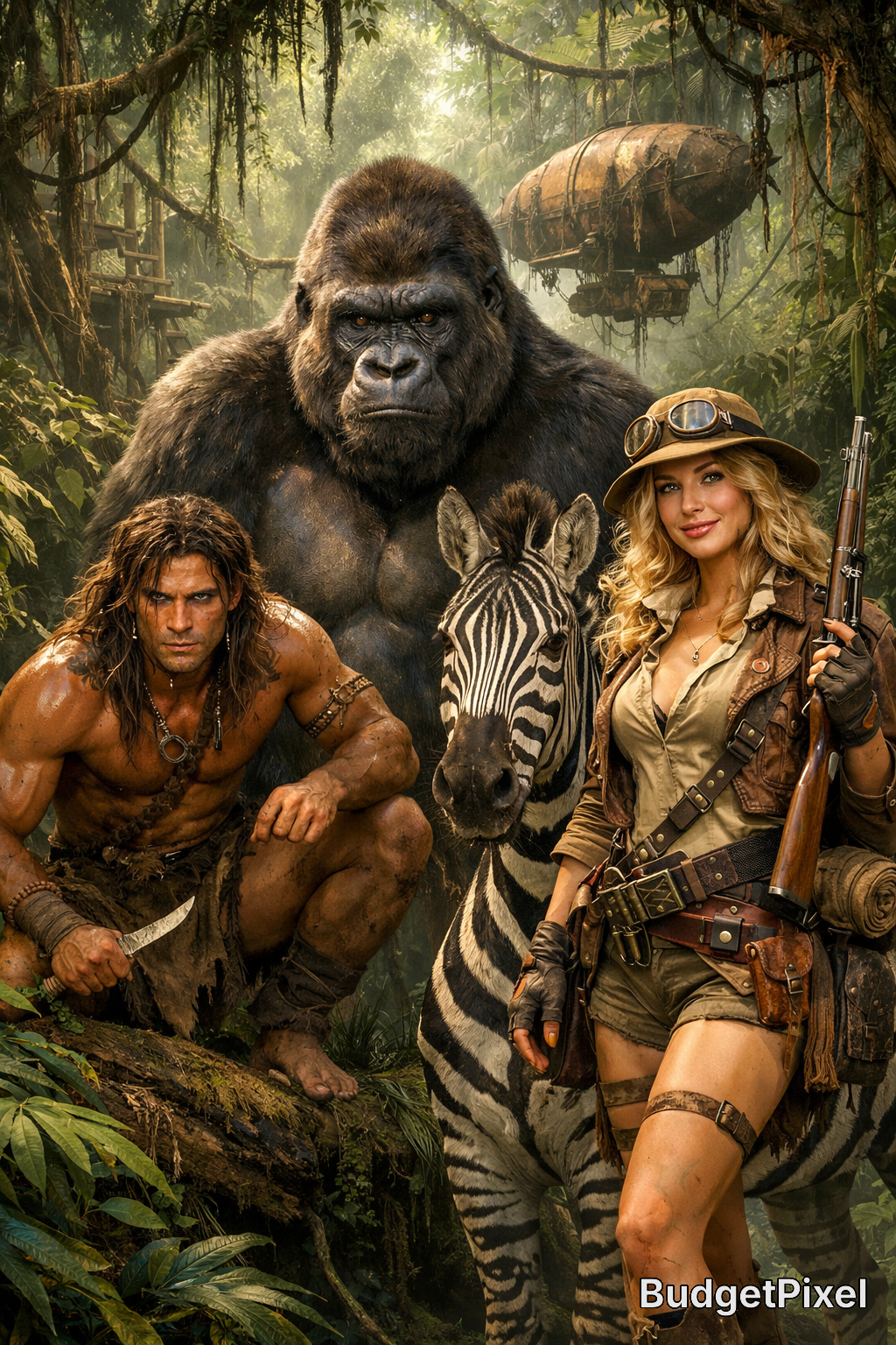 Jungle adventure scene with a muscular Tarzan, a female hunter, a giant gorilla, and a zebra in a dense rainforest.