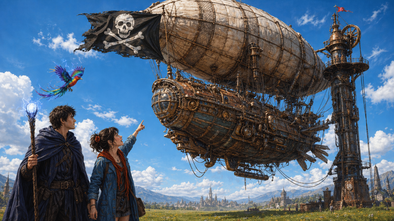 Two adventurers admire a colossal steampunk airship with a skull flag against a blue sky.