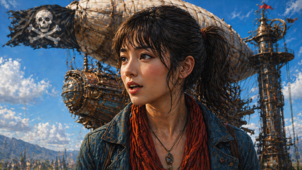 A female adventurer with dark hair in a denim jacket and red scarf, set before a massive steampunk airship with a skull flag.