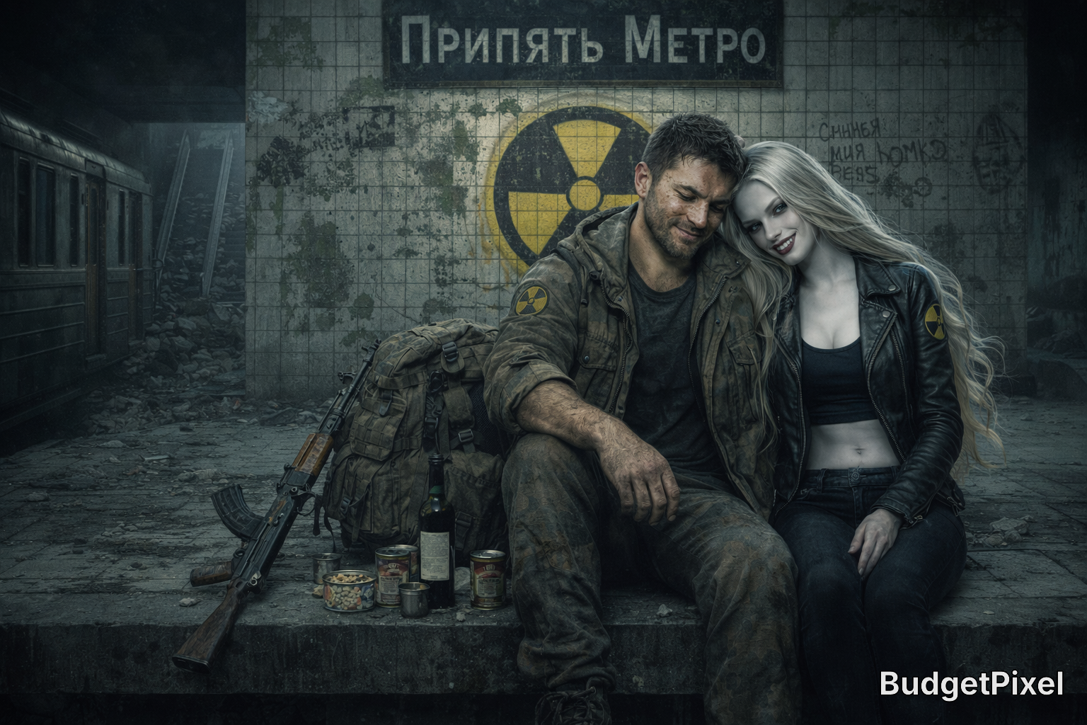 Post-apocalyptic couple in a ruined Pripyat metro station with a rifle and cans