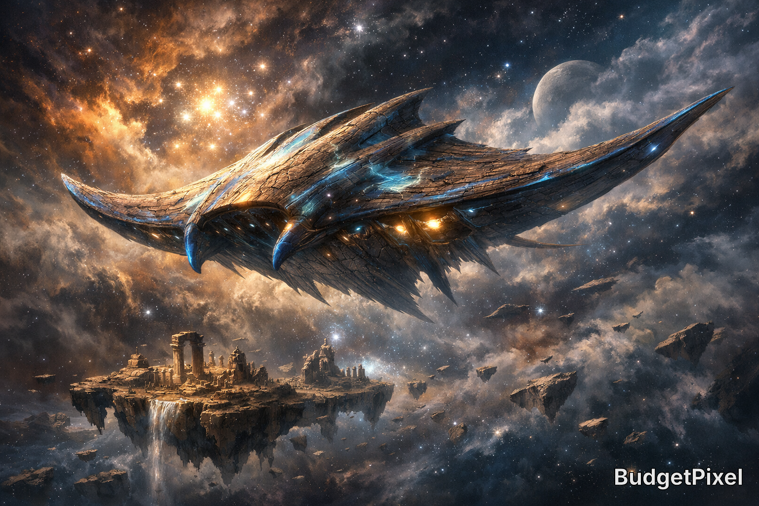 A colossal alien starship hovers above jagged floating platforms in a cosmic battlefield.