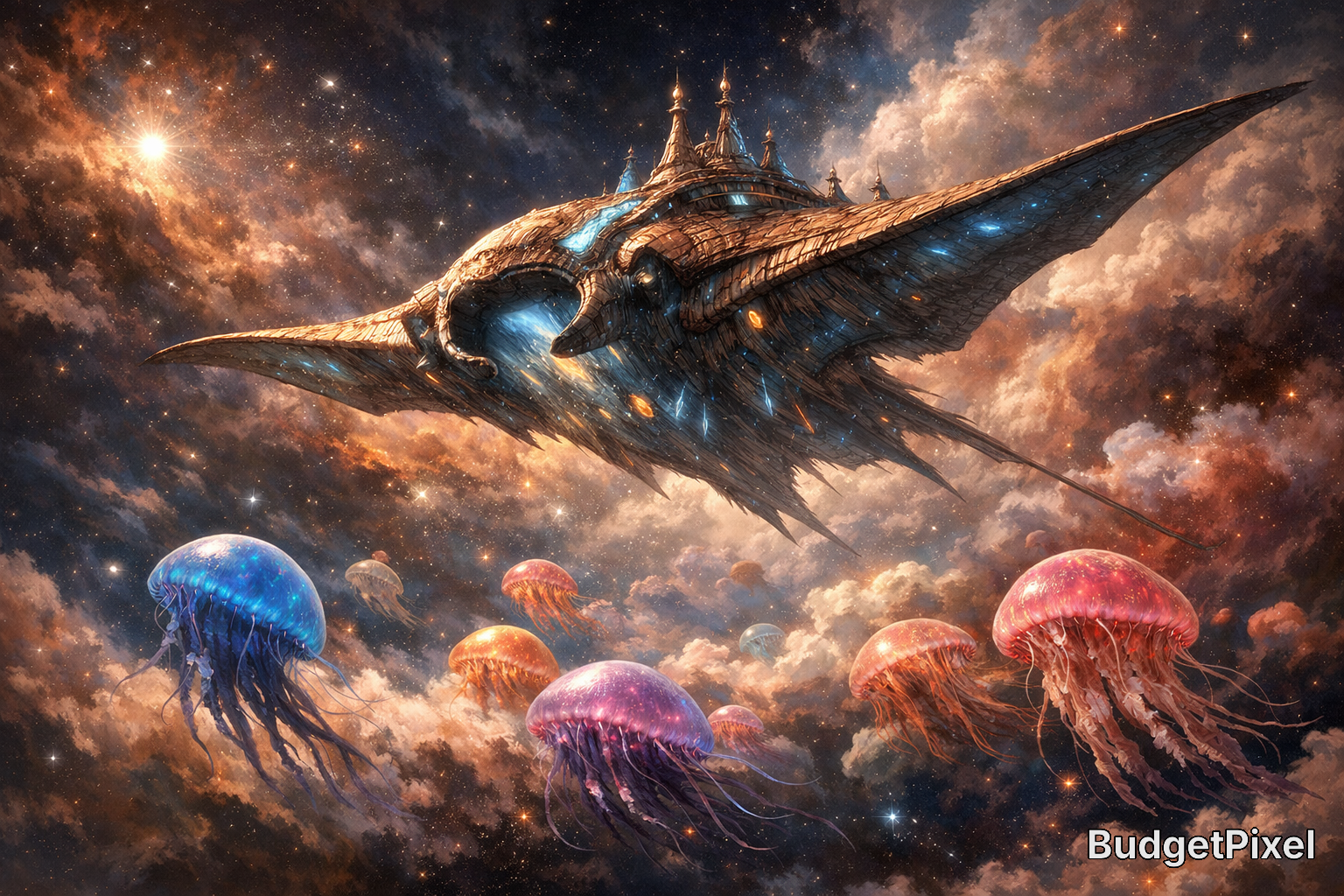 A massive, alien spacecraft glides through a nebula with colorful jellyfish floating below.