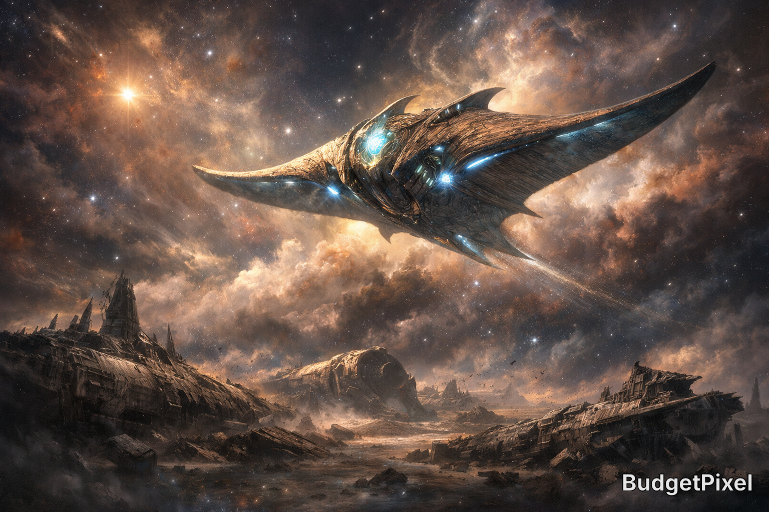 Futuristic alien spacecraft hovering above a ruined rocky landscape with dramatic cosmic clouds.