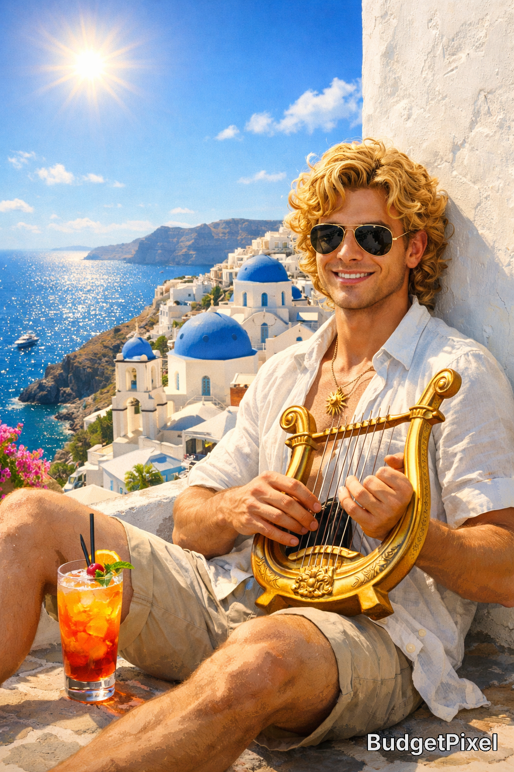 Smiling man wearing sunglasses sits in bright sun with a golden lyre against Santorini’s white walls and blue domes.