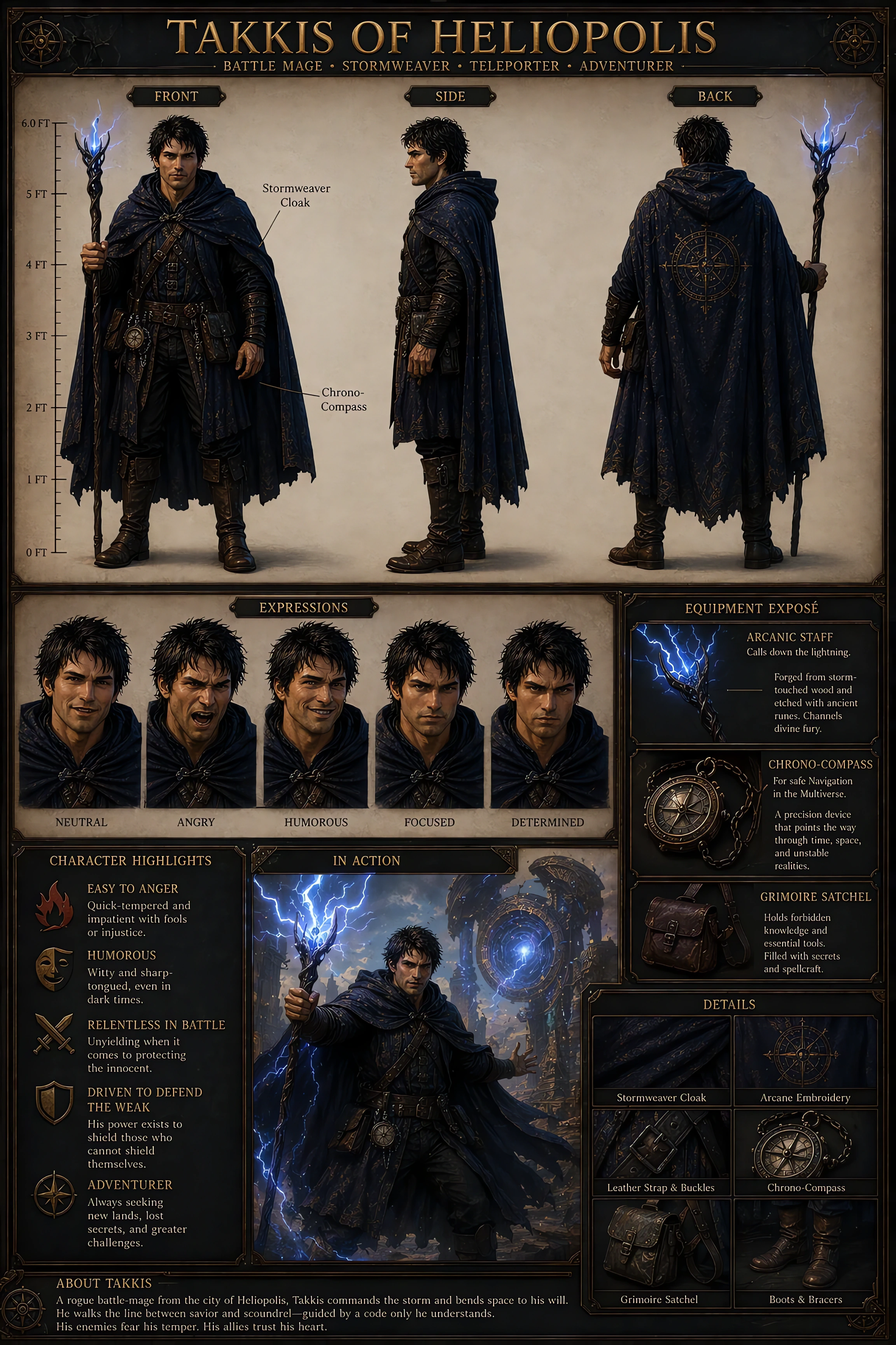 Fantasy character reference sheet for battle mage Takkis of Heliopolis, showing turnarounds, expressions, gear, lore, and ...