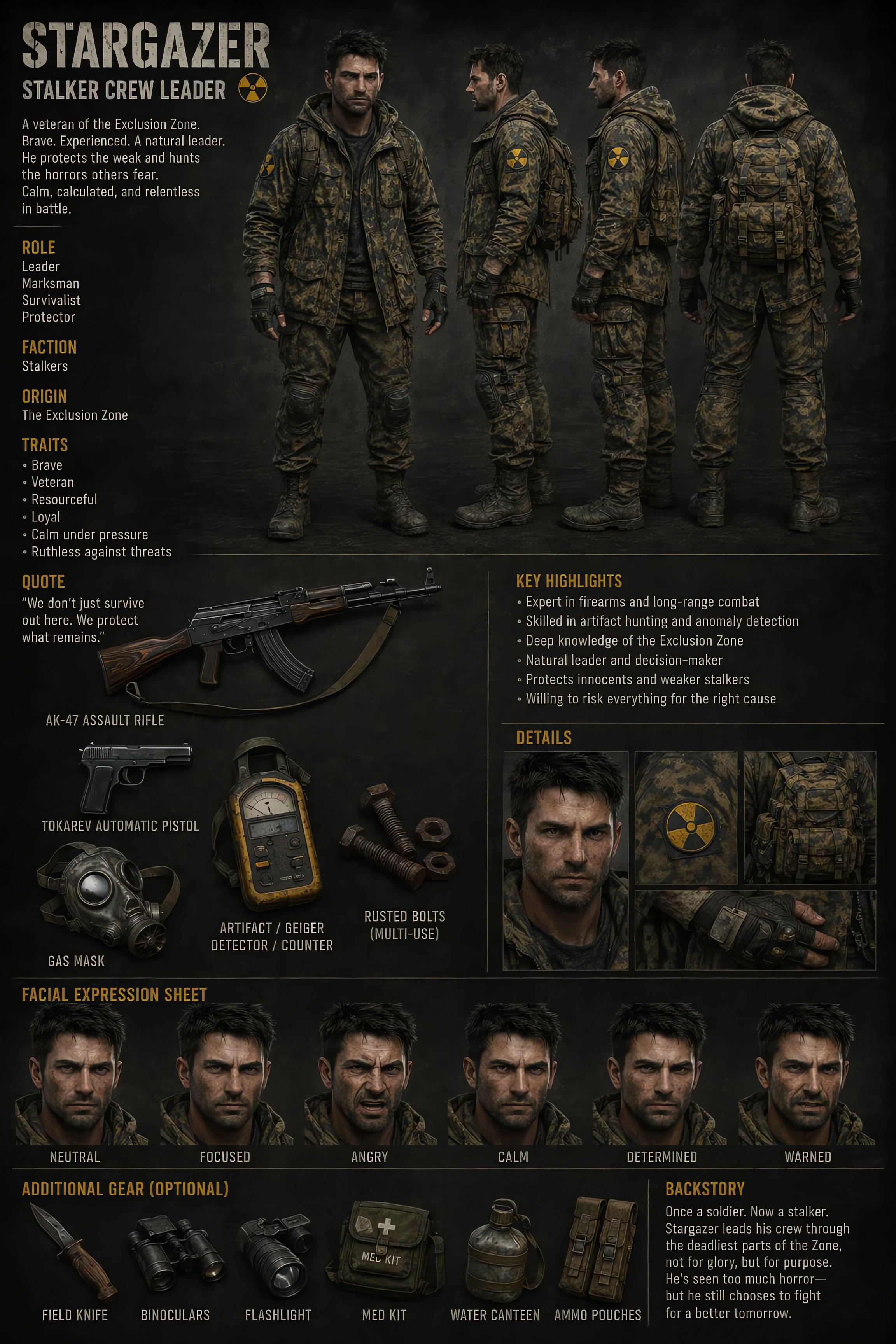 [Stargazer Stalker Crew Leader character reference sheet showing model turnaround, gear inventory, and facial expression e...