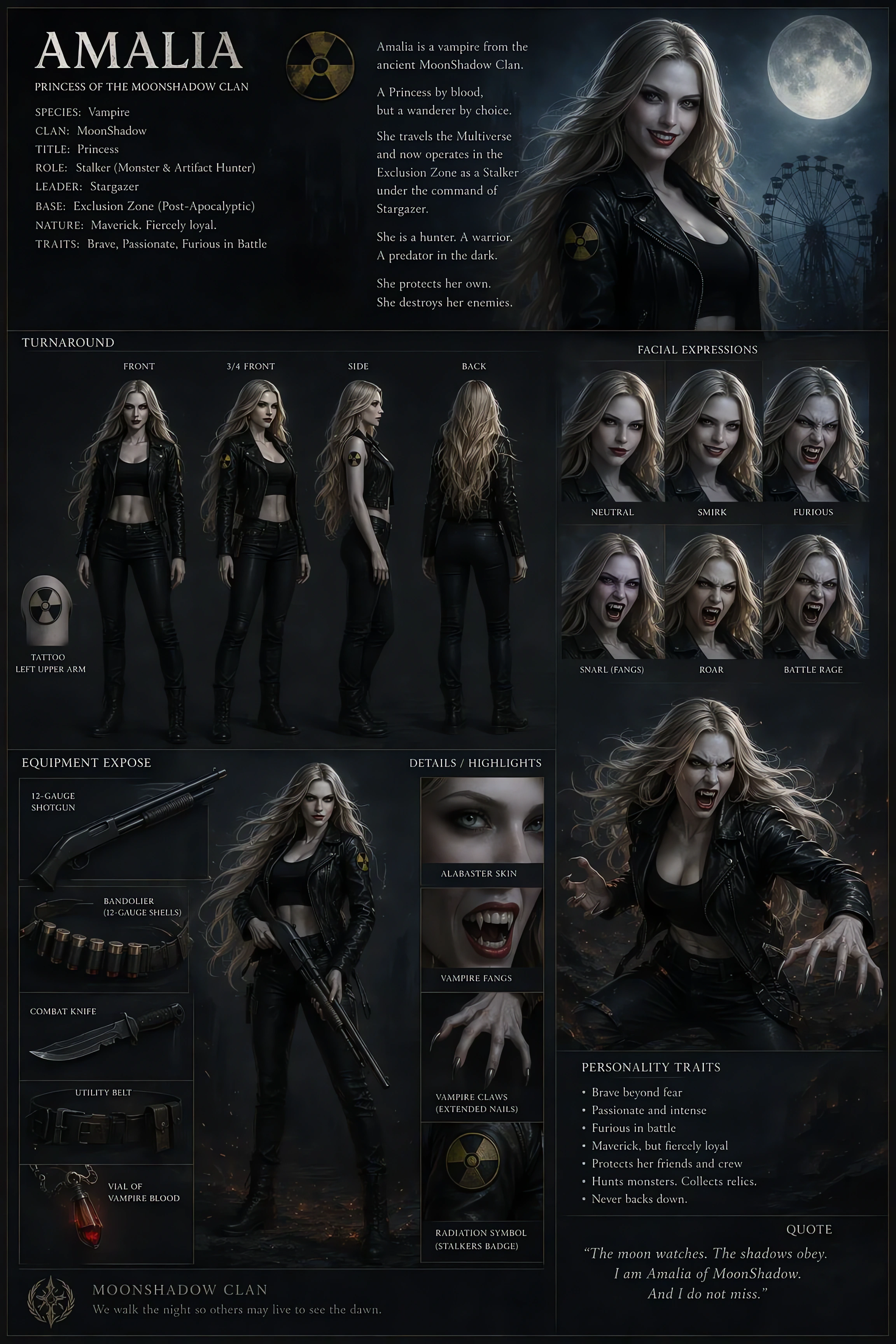 [Character reference sheet for Amalia, Moonshadow Clan vampire stalker, showing turnarounds, expressions, gear and lore de...