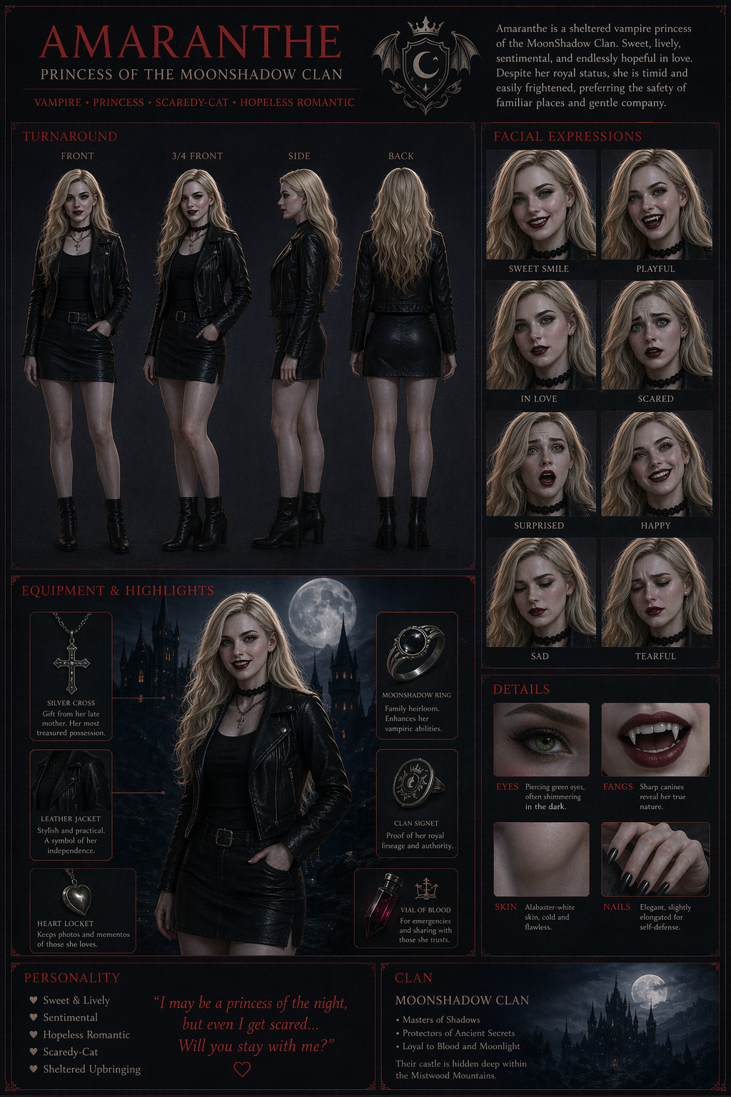 [Gothic fantasy character reference sheet for Amaranthe, Moonshadow Clan vampire princess, showing turnarounds, expression...