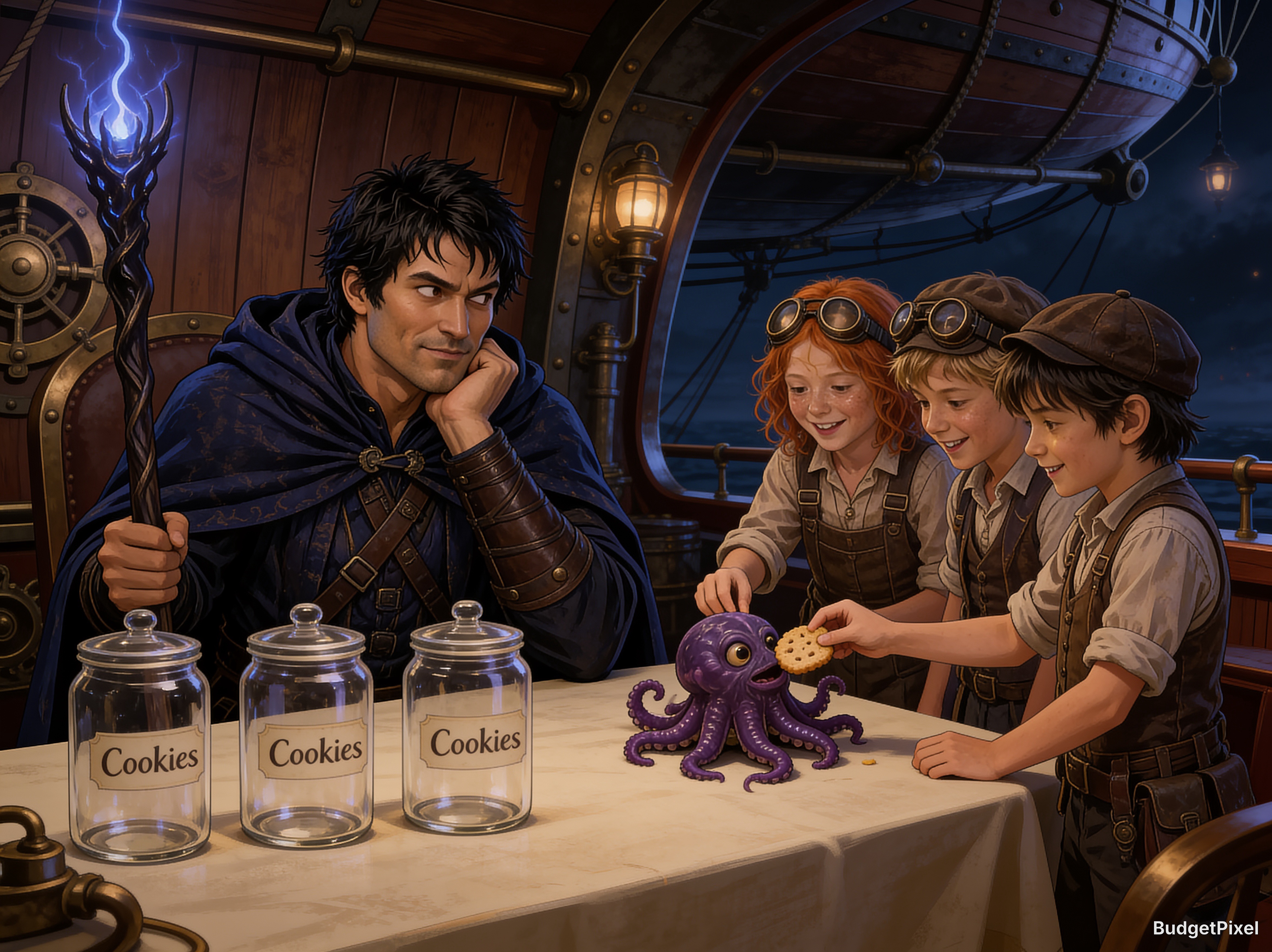 Wizard with glowing magic staff watches steampunk children feed a tiny purple octopus, empty cookie jars rest on the airsh...