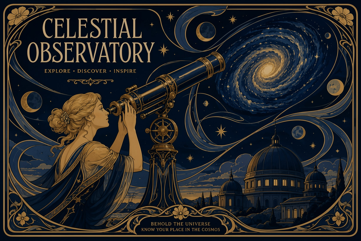 Art Nouveau Celestial Observatory illustration of a woman looking through a vintage telescope at a swirling galaxy
