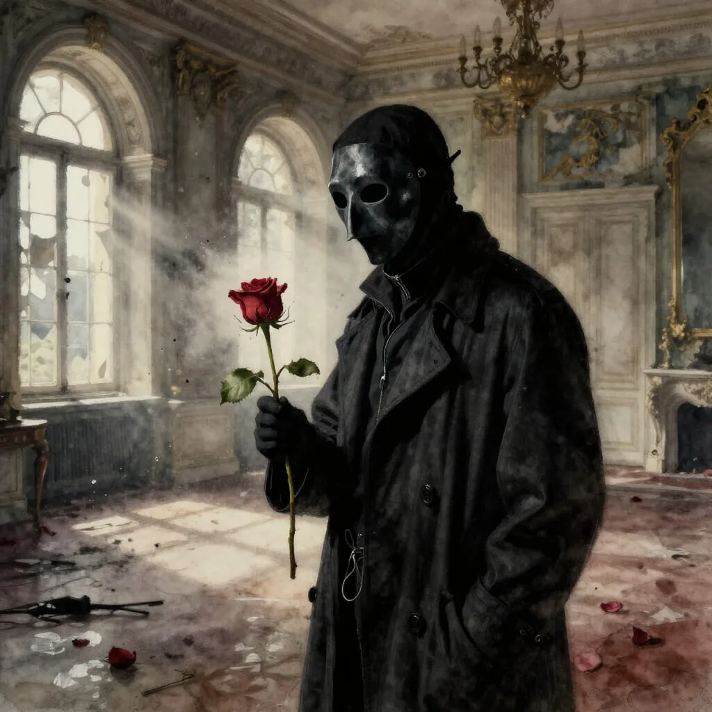 [Beaked masked figure in a black trench coat holds a red rose, standing in a crumbling ornate abandoned baroque salon with...