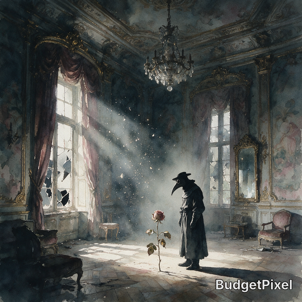 [Plague doctor figure stands gazing at a lone wilted rose in a crumbling ornate abandoned rococo salon as sunbeams stream ...