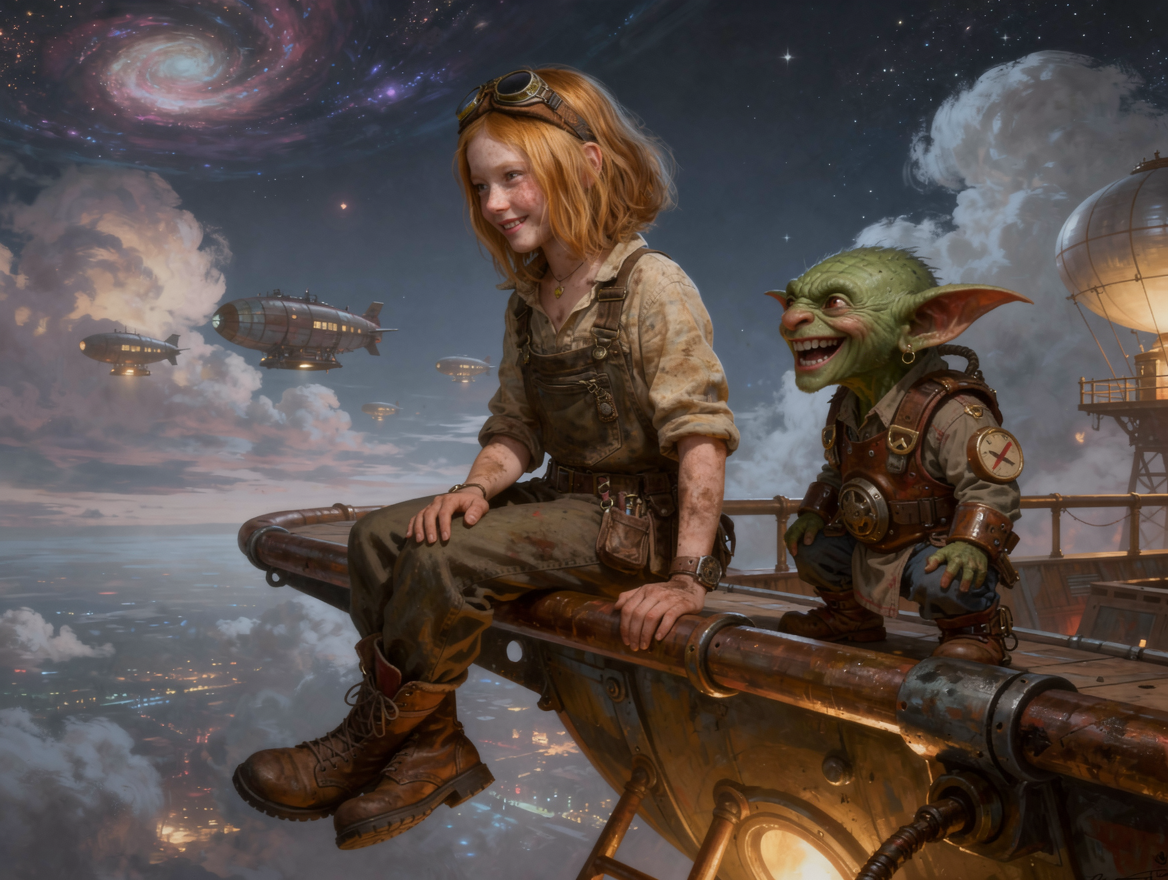 Red-haired steampunk girl and her goblin companion sit on an airship deck under a swirling cosmic night sky