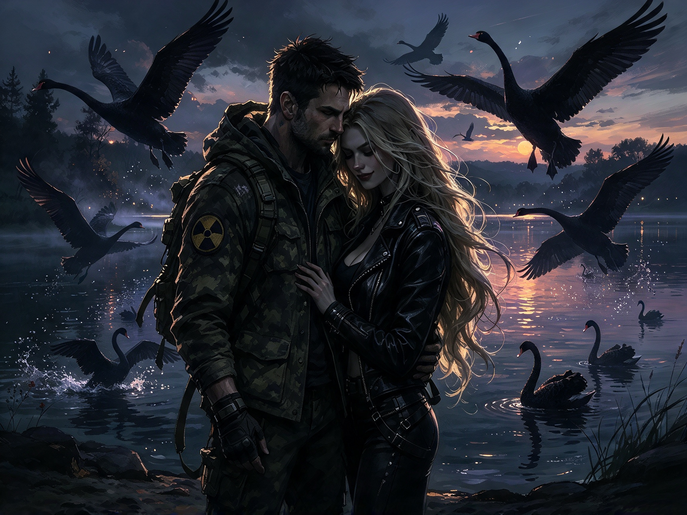 Rugged tactical man and blonde woman embrace on a lakeshore surrounded by black swans at dusk