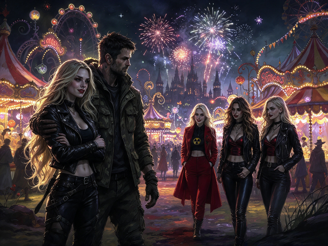 Group of fantasy protagonists stand at a glowing night carnival as fireworks burst overhead