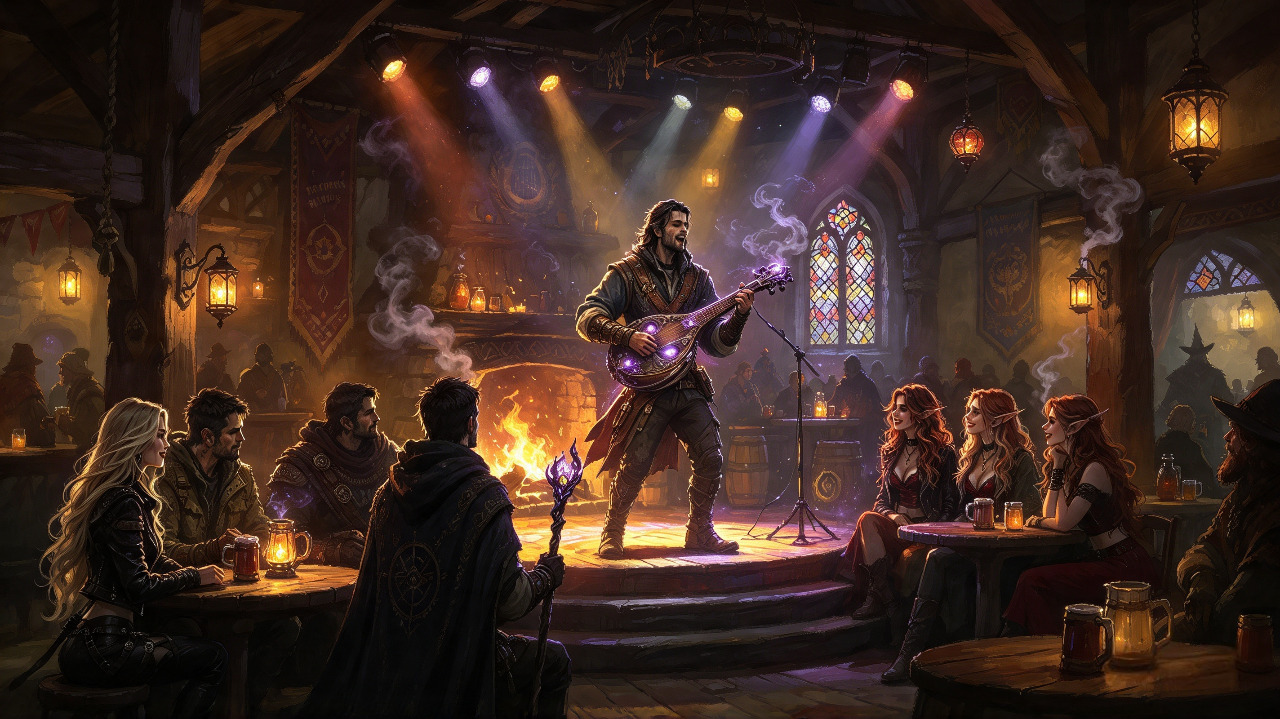 Fantasy bard plays a glowing enchanted lute on a raised tavern stage for seated adventurer patrons