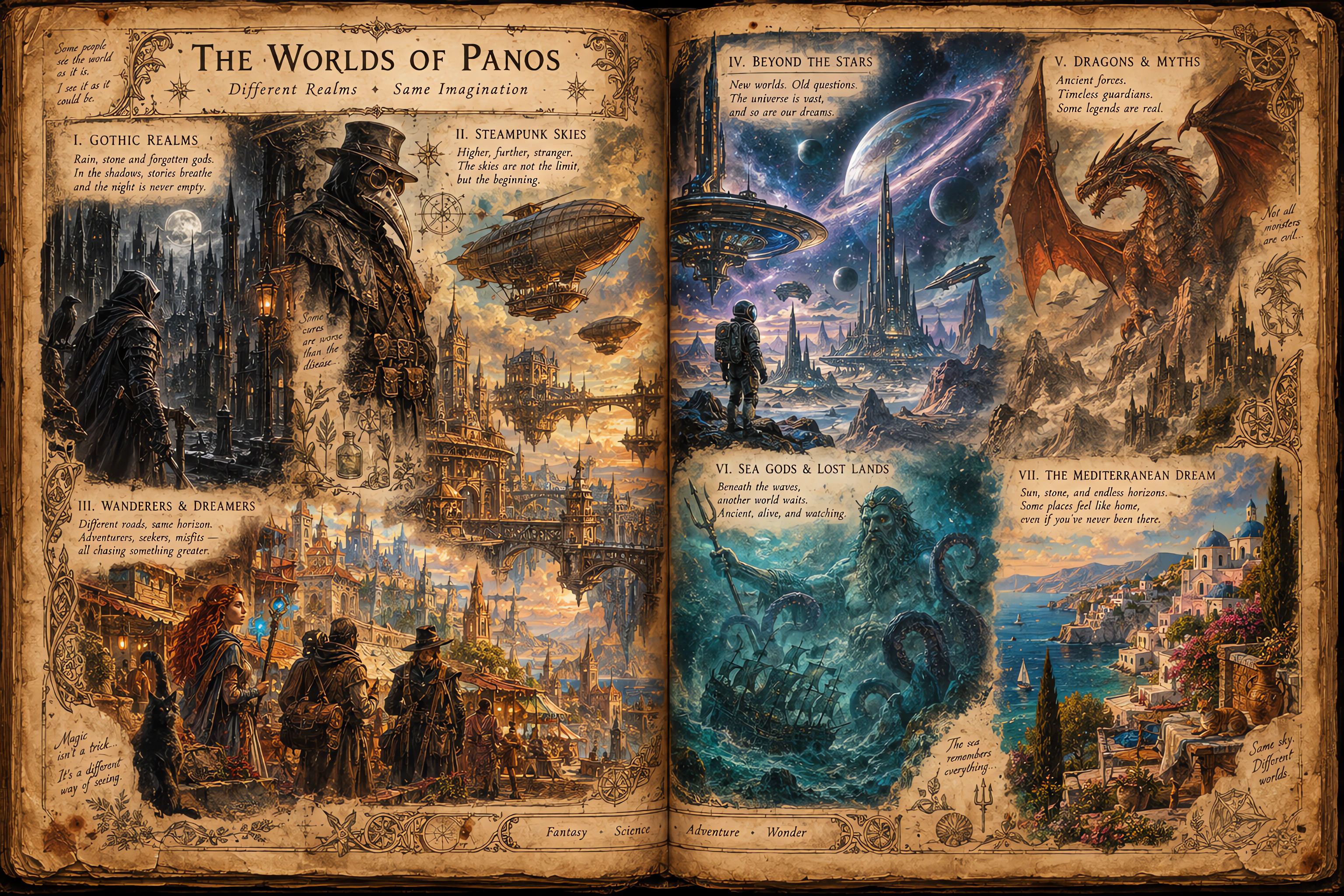 Open weathered ancient storybook spread displaying illustrated panels of diverse fantasy, sci-fi and mythical realms