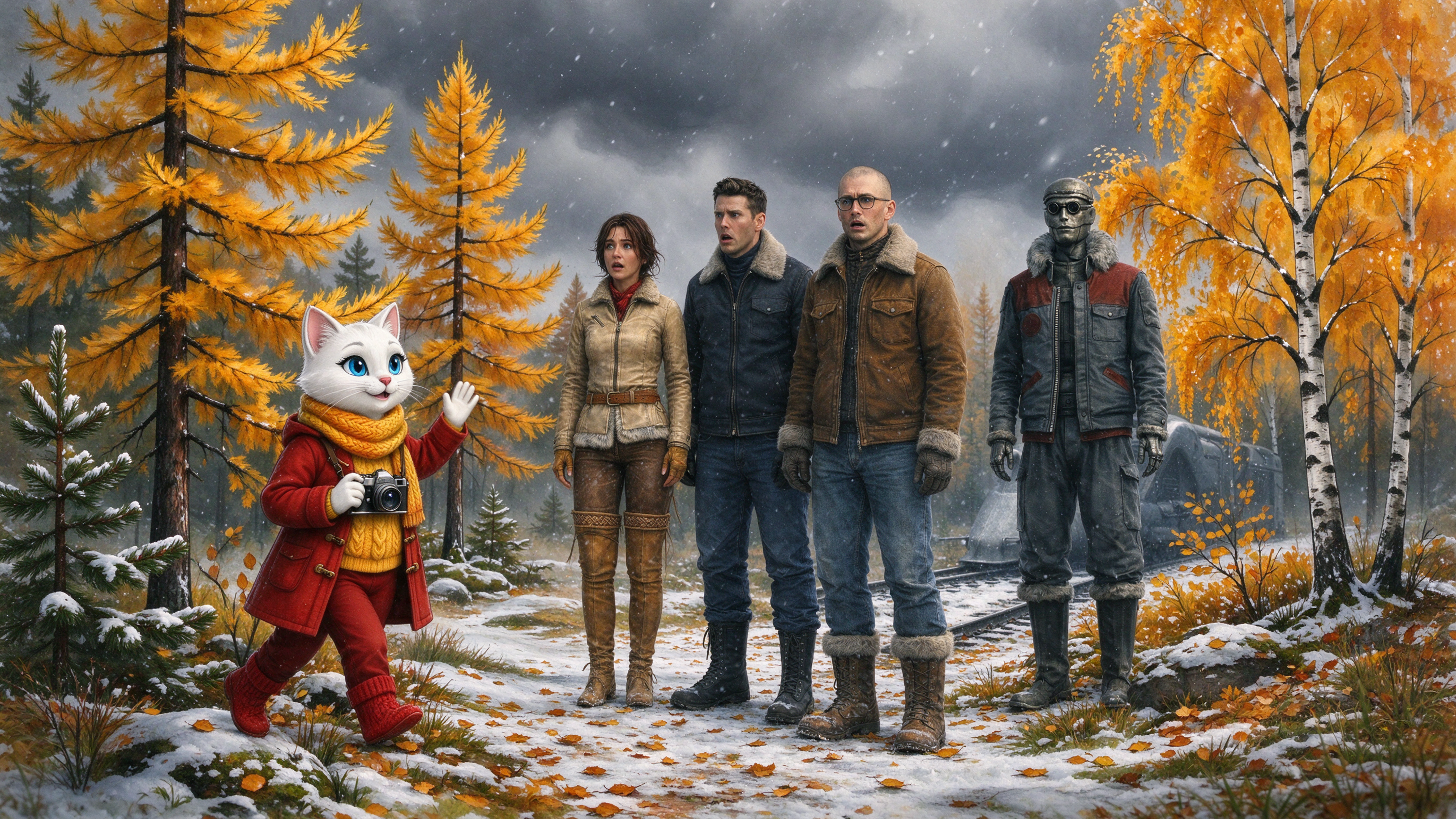 Anthropomorphic white cat waves at a surprised expedition group in a snowy autumn forest