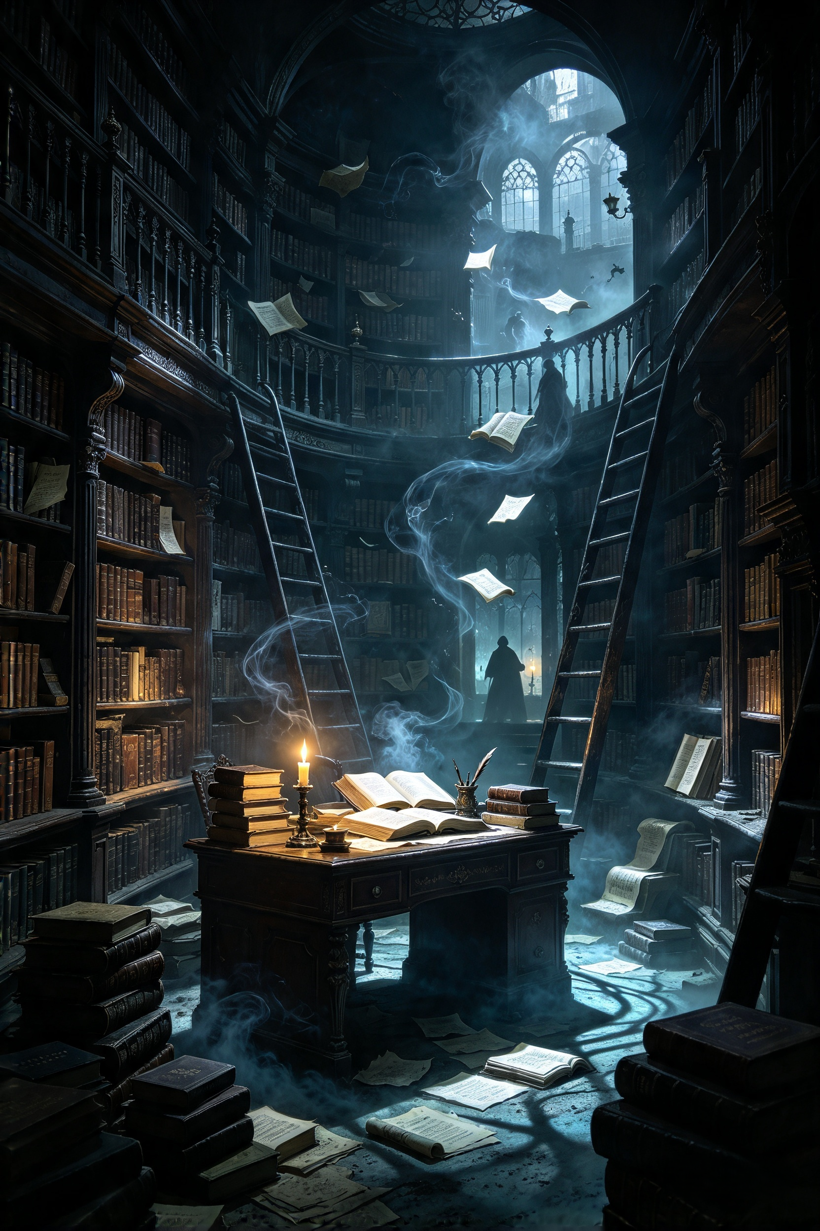 Enchanted gothic library with floating books, candlelit desk, wispy mist and shadowed robed figures