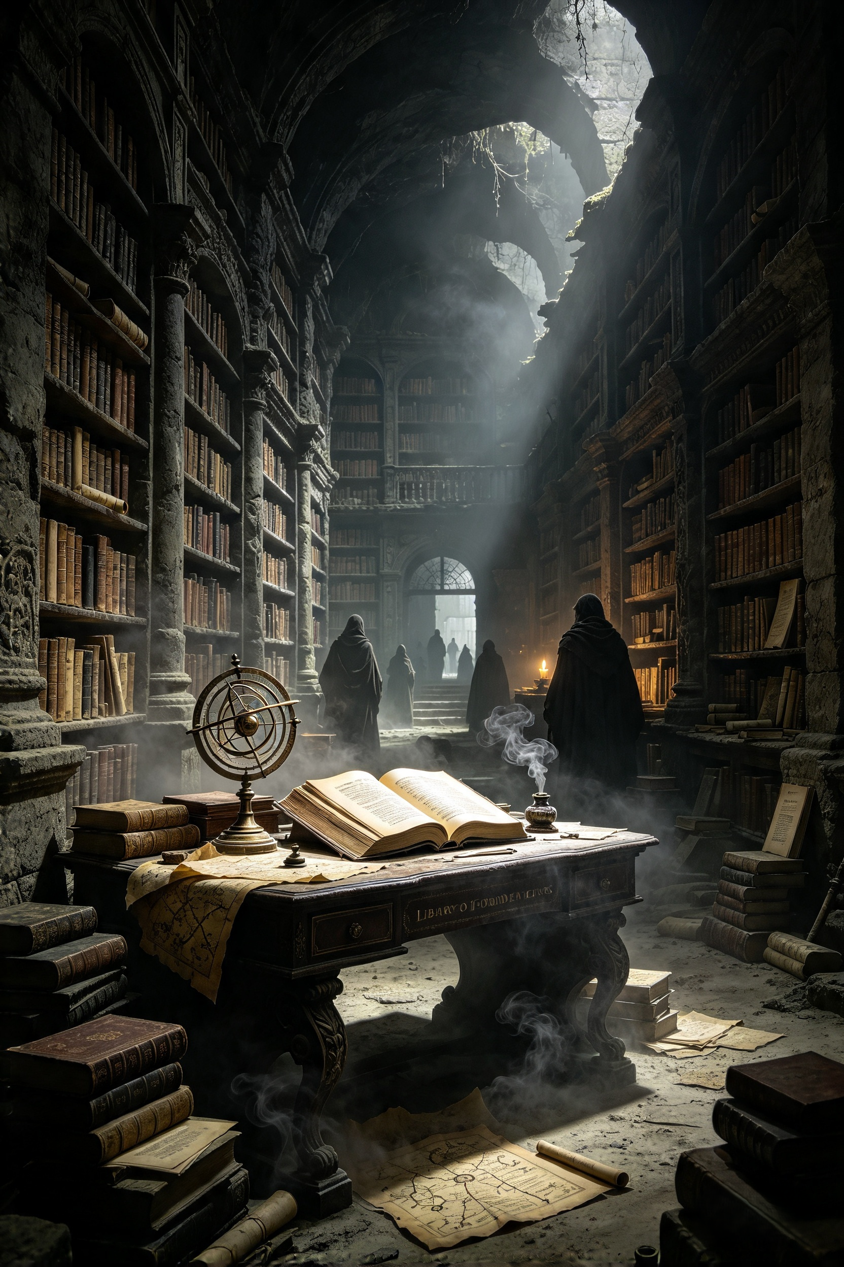 Hooded robed figures gather in a crumbling ancient arcane library around a desk holding an open spellbook