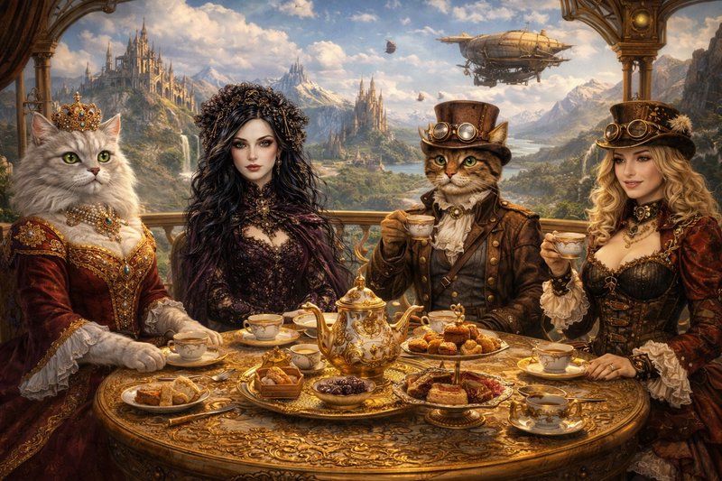 Fantastical tea party with a regal cat in a Victorian gown and three steampunk-hosts at a gilded table.