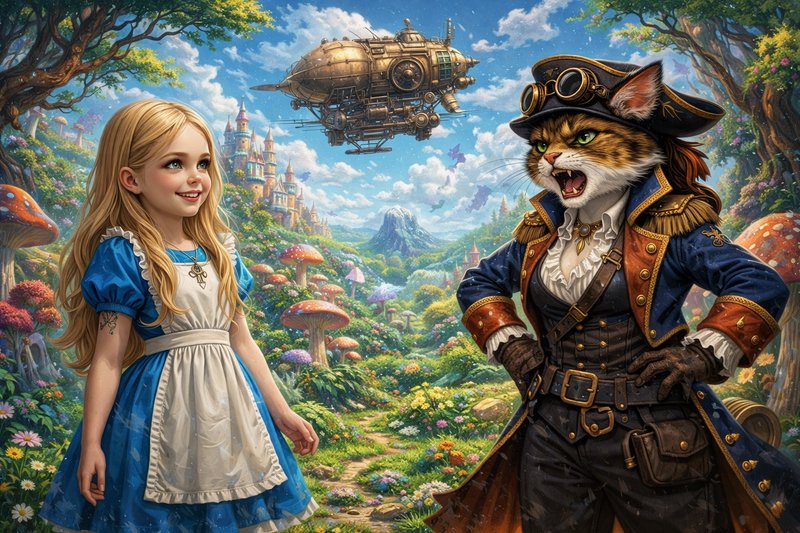 Young girl in a blue dress meets a steampunk pirate cat in a vibrant fantasy forest with an airship overhead.