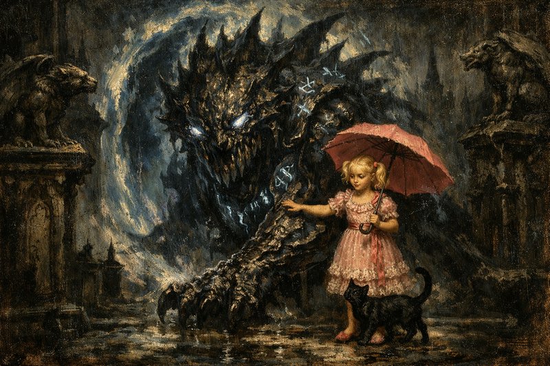 A dark fantasy painting of a young girl with a red umbrella and a black cat confronting a dragon in a stormy, ruined
