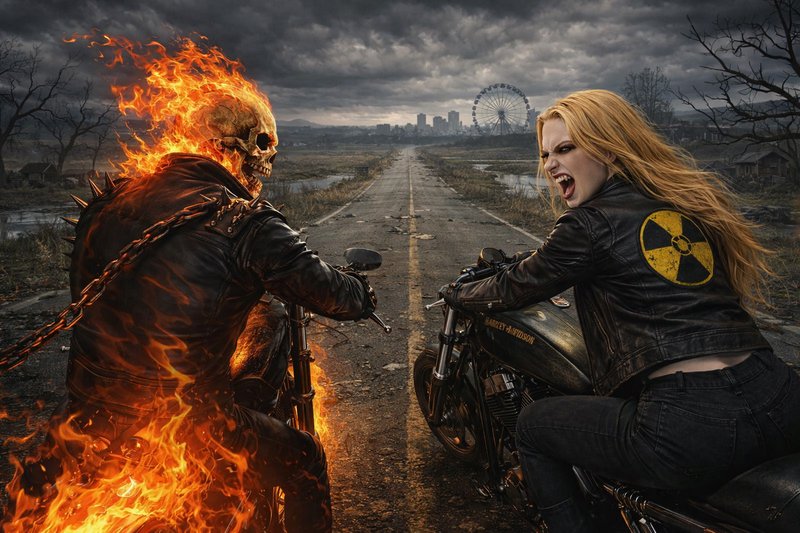 A dramatic, post-apocalyptic motorcycle confrontat | panos on ...