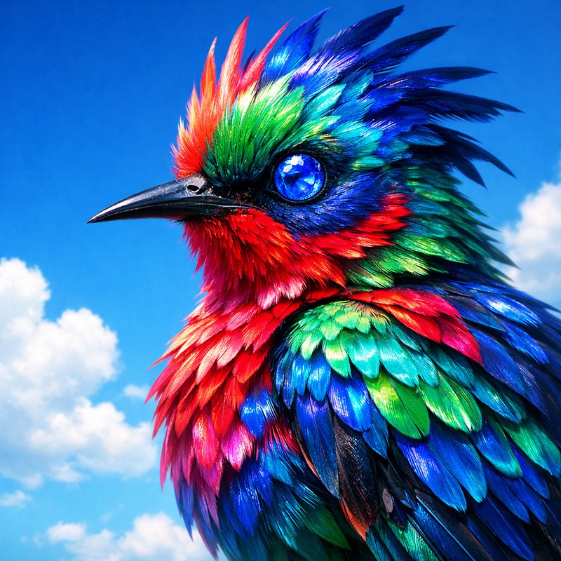 Close-up of a vibrant rainbow parrot with iridescent feathers against a blue sky.