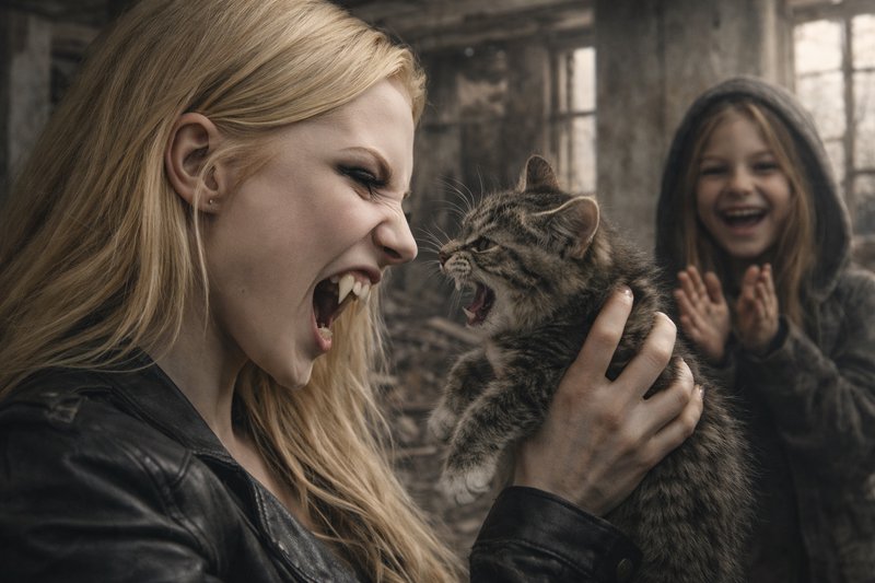 Blonde woman yells at a small tabby kitten while holding it, with two laughing girls in the background.