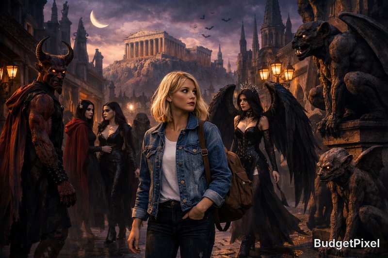 Woman in a denim jacket walks amid demons and winged beings in a moody fantasy city at night.