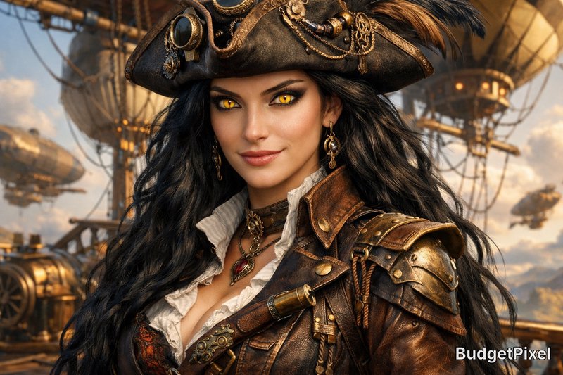 Pirate captain woman in steampunk armor with ornate hat and glowing yellow eyes.