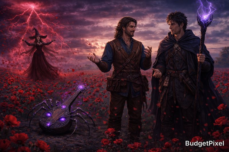 Two fantasy explorers in a red poppy field with a glowing purple staff and a spider-like magical device.